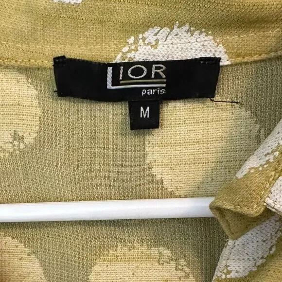 Lior Paris Funky Chartreuse Green Polka Dot Roll Tab 3/4 Sleeve Button Front Top - Picture 8 of 8